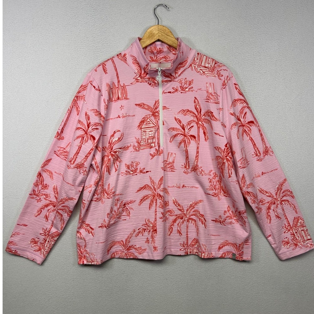 Tropical Coastal T by Talbots Womens 1X Pink Palm Tree Quarter Zip Pullover